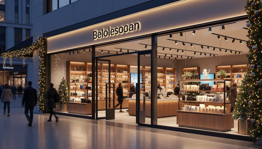 Upscale retail storefront with professionally controlled holiday lighting display at dusk