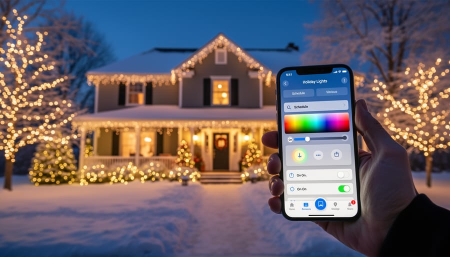 Person using smartphone app to control holiday lighting system remotely