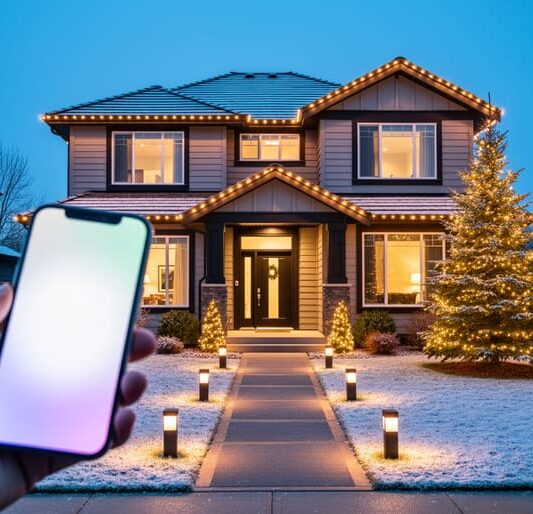 Modern home at dusk with synchronized holiday lights on the roofline, glowing pathway luminarias, and a lit evergreen; a hand in the foreground holds a smartphone controller with an indistinct screen, suggesting smart automation.