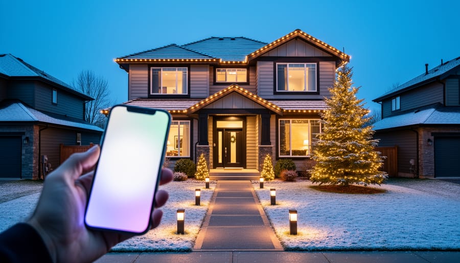 Modern home at dusk with synchronized holiday lights on the roofline, glowing pathway luminarias, and a lit evergreen; a hand in the foreground holds a smartphone controller with an indistinct screen, suggesting smart automation.