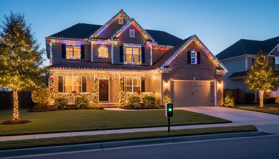 Beautifully lit suburban home with Christmas lights at dusk showing automated lighting display