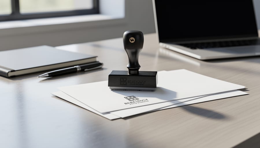 A brass desk stamp and ink pad on a wooden desk beside envelopes and letterhead.