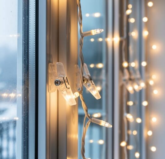 Close-up of Christmas light clips holding warm LED light strands along a home window frame without drilling, with a winter outdoor background.
