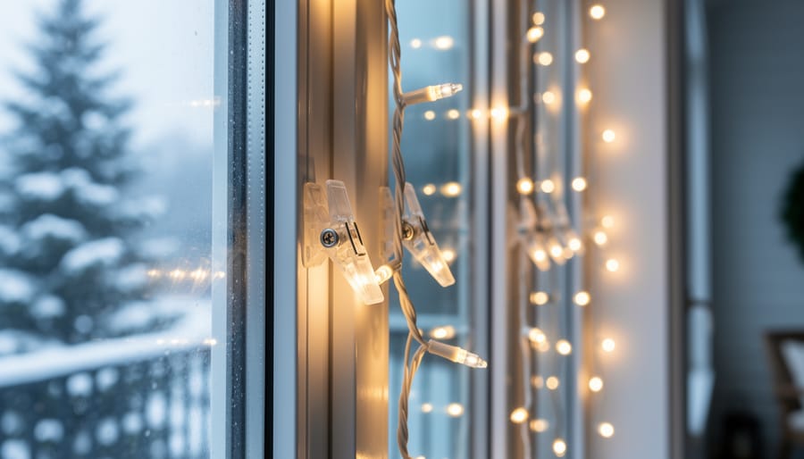 Close-up of Christmas light clips holding warm LED light strands along a home window frame without drilling, with a winter outdoor background.