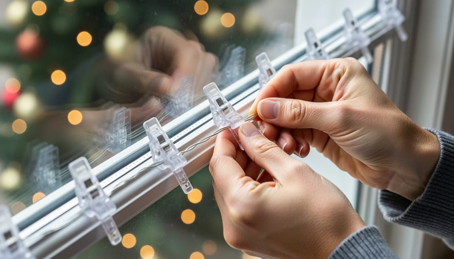 Close-up of hands attaching clear Christmas light clips to a white window frame without damaging the glass or trim.