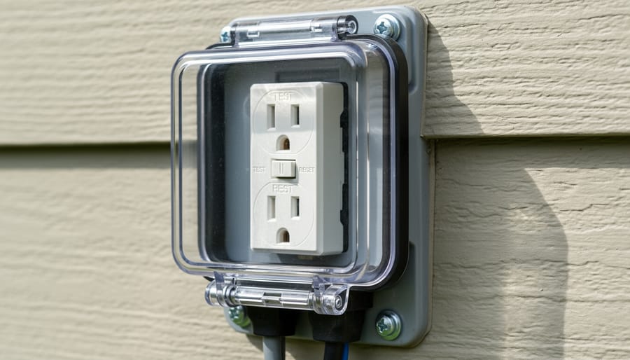 Close view of a weatherproof GFCI outlet and Christmas light plug connection