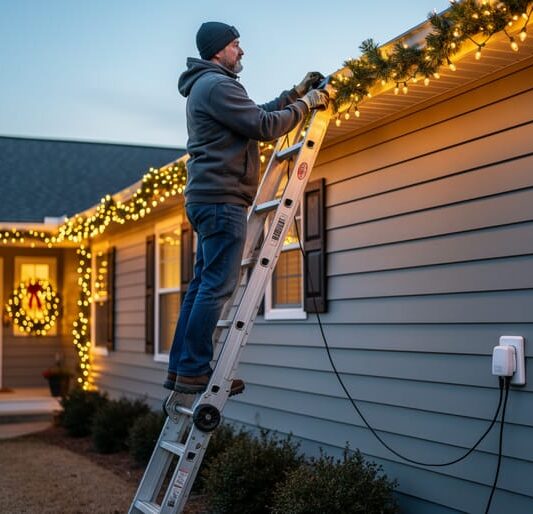 “A homeowner on a stable ladder installing outdoor Christmas lights along a roof edge with a weatherproof electrical connection secured away from moisture.”