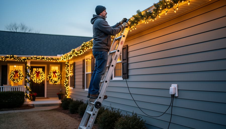 “A homeowner on a stable ladder installing outdoor Christmas lights along a roof edge with a weatherproof electrical connection secured away from moisture.”