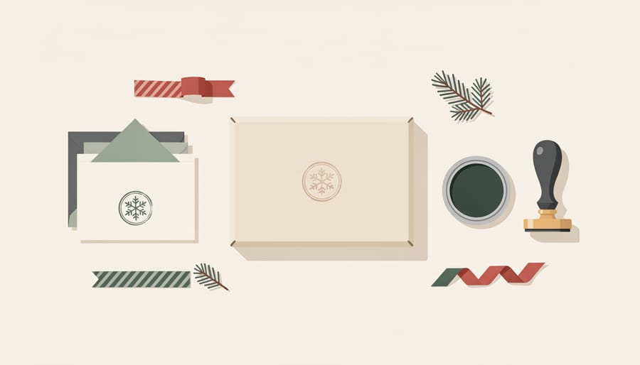 Holiday gift box, greeting card, and stamp on a wrapping table in warm golden light.