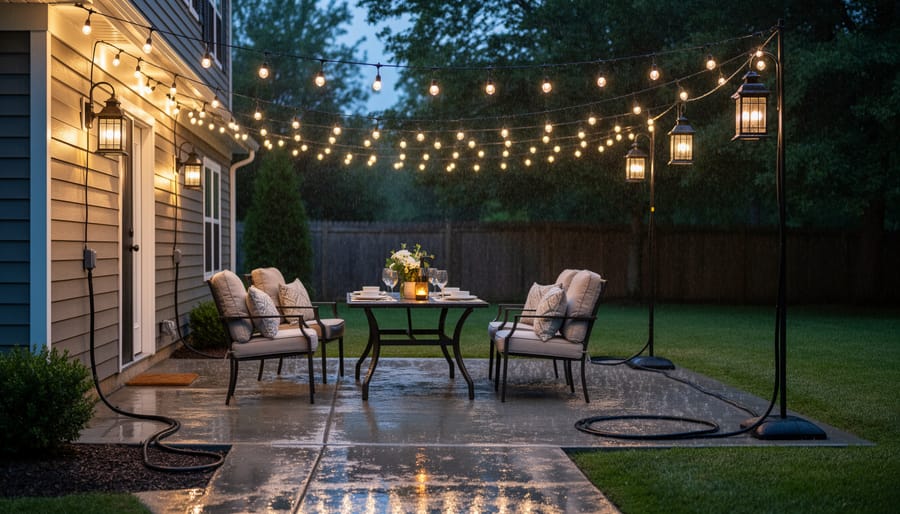 Home exterior at dusk with warm outdoor Christmas lights installed safely around roof and windows