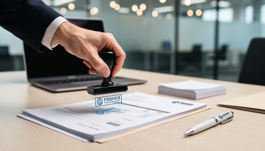 Person stamping an invoice and preparing it for mailing with a business stamp at a desk.