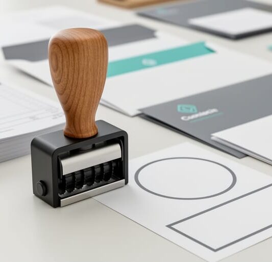 Close-up of a self-inking stamp on an office desk next to envelopes and a stack of invoices, implying custom branding for business documents.