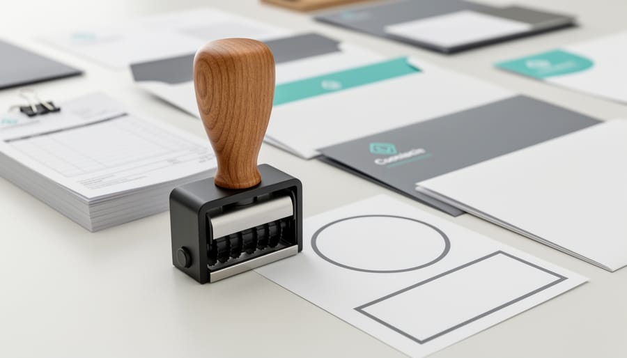 Close-up of a self-inking stamp on an office desk next to envelopes and a stack of invoices, implying custom branding for business documents.