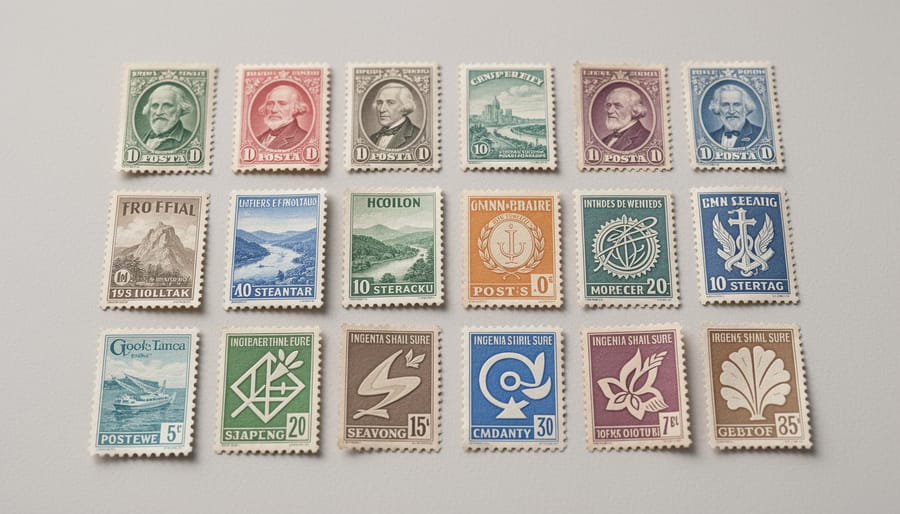 Three types of business stamps, pre-inked, self-inking, and a notary-style round stamp, arranged on a tabletop.