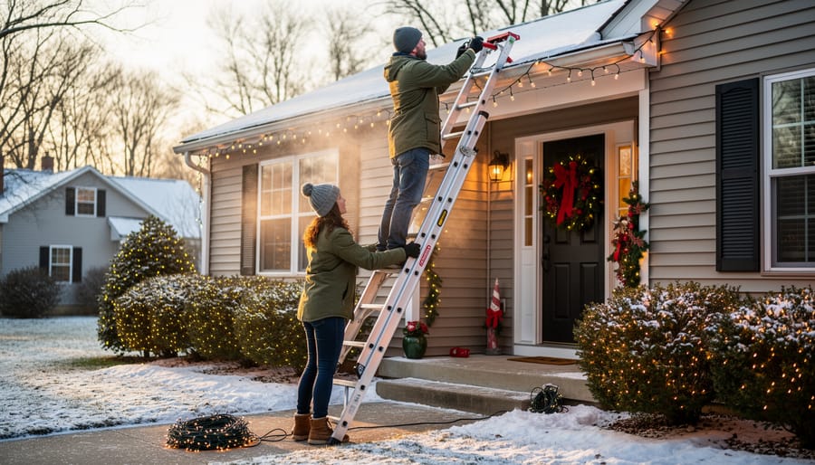 Two people using a ladder safely to hang Christmas lights near the house exterior