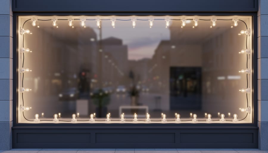 Window lit with Christmas string lights secured neatly along the frame with small clips at night.