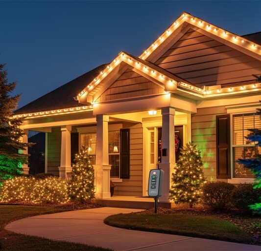 “Warm white custom holiday LED lights outlining a house roofline and entrance, with evergreen trees softly lit in a winter evening setting.”