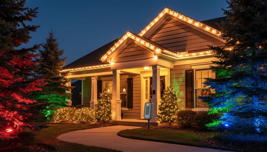 “Warm white custom holiday LED lights outlining a house roofline and entrance, with evergreen trees softly lit in a winter evening setting.”