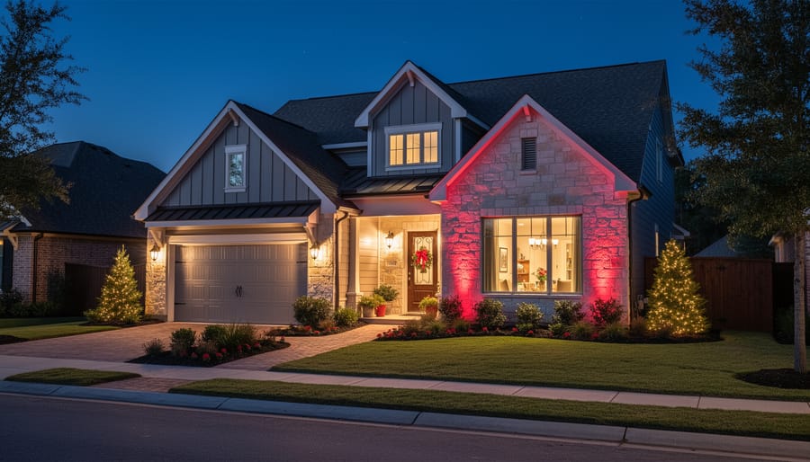 Completed custom holiday lighting display with warm lights outlining rooflines and walkway at night