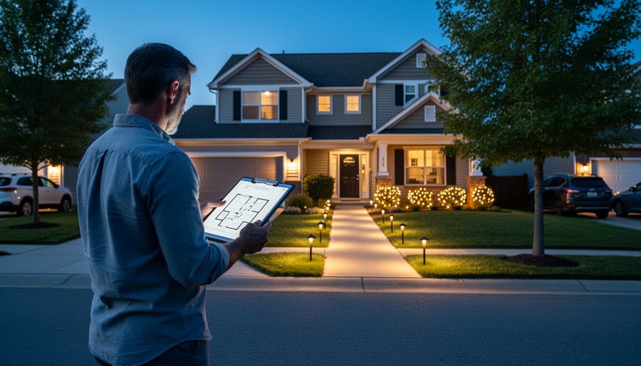Homeowner holding a phone while evaluating a front porch and roofline during dusk lighting planning