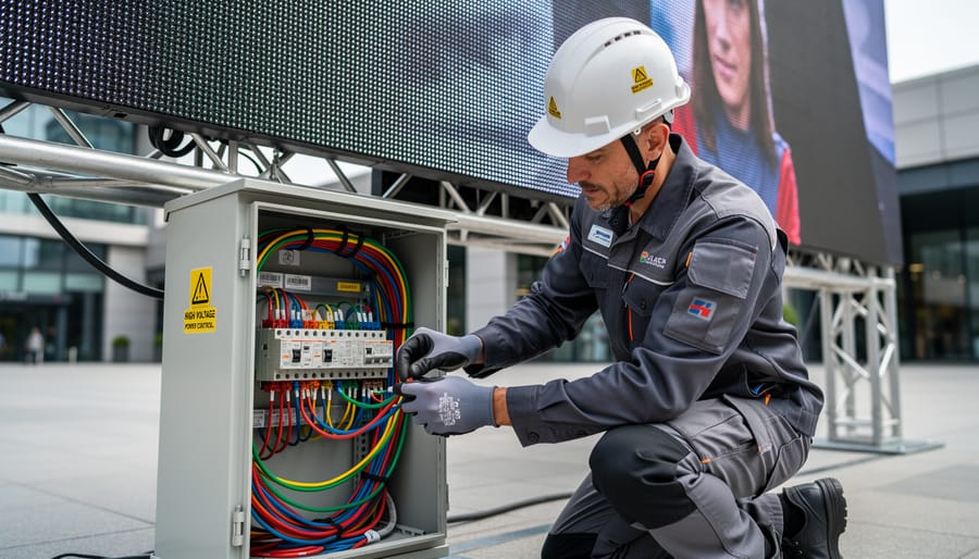 Technician preparing outdoor holiday lighting power connections near a GFCI outlet and timer