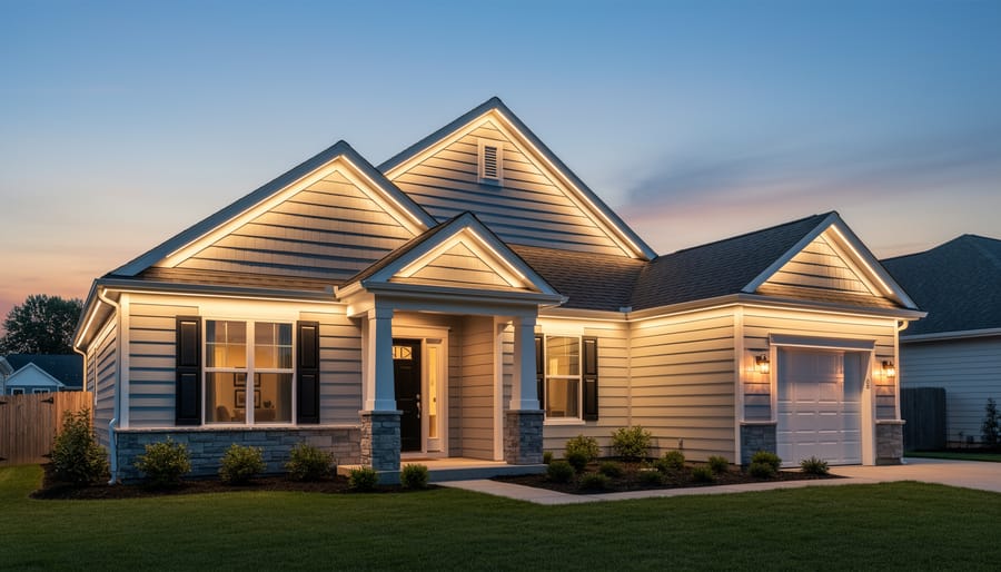 LED holiday light strands securely clipped along a home roof edge at night