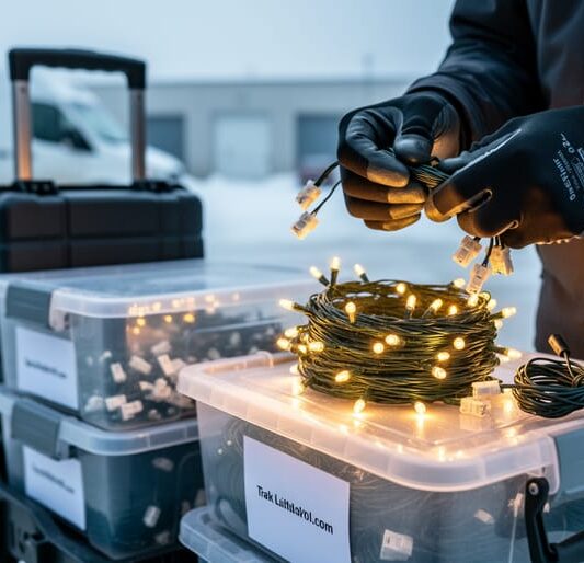 A technician’s gloved hands bundling warm-white LED holiday light strands and checking connectors beside storage cases on a winter loading dock.