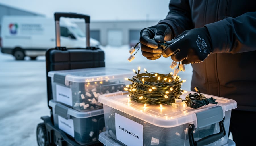 A technician’s gloved hands bundling warm-white LED holiday light strands and checking connectors beside storage cases on a winter loading dock.