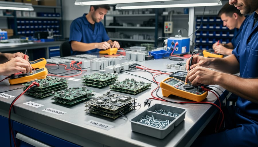 Close-up of a technician inspecting holiday lighting wiring with a multimeter on a work mat.