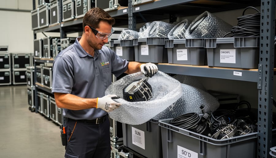 A technician packing coiled holiday lighting strands into storage bins in a warehouse.