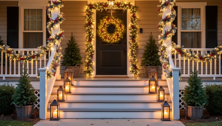 Front porch entrance decorated with garland, wreath, and warm lights at night.