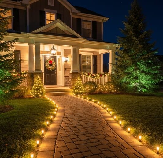 Nighttime view of a home’s front yard decorated with warm Christmas lights along the walkway and uplighting on trees and the entry area.