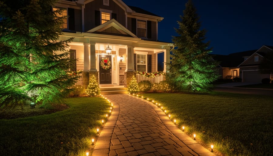 Nighttime view of a home’s front yard decorated with warm Christmas lights along the walkway and uplighting on trees and the entry area.