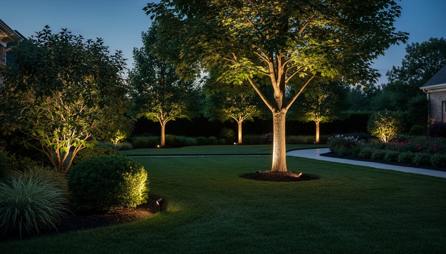 Ground uplights shining upward on trees and shrubs creating pools of warm light at night.