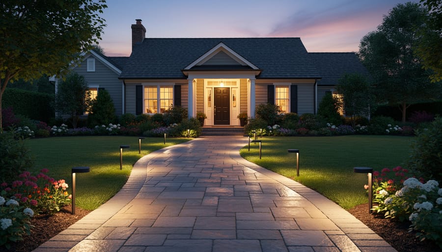 Warm pathway and walkway lighting with candy-cane style markers leading to a front door at night.
