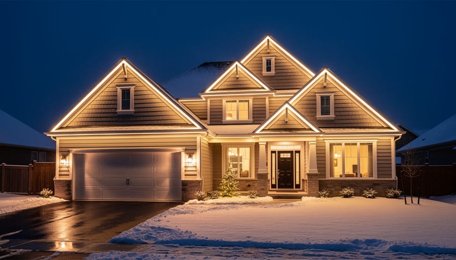 Home roofline outlined with warm white Christmas lights at night, creating a defined festive silhouette.
