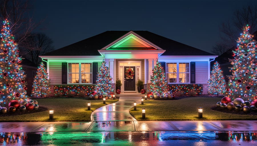 Coordinated synchronized Christmas lights glowing across the roofline and trees at night.