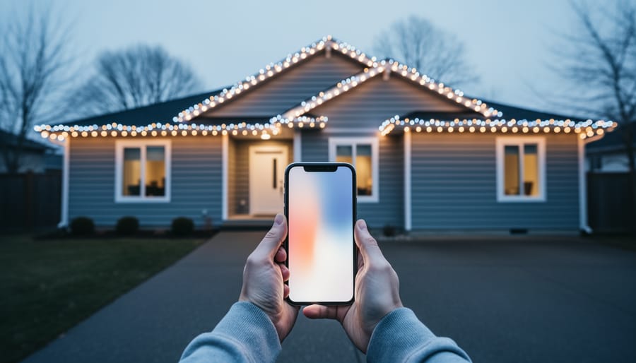 Dusk view of a suburban house with holiday string lights while a person holds a smartphone showing an out-of-focus lighting preview.