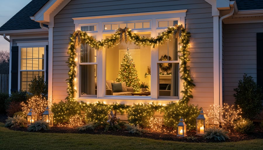 Front windows framed with warm white Christmas lights creating a cozy glow at night.