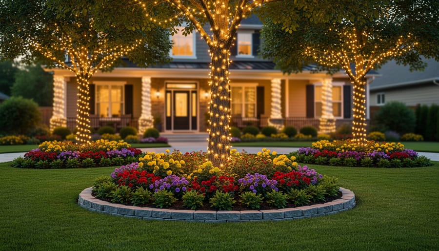 Multicolored Christmas lights wrapped around tree trunks and spiral accents on a porch column at night.